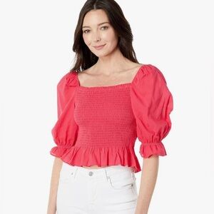 Tommy Hilfiger Women’s Pink Smocked Cropped Puff Sleeve Top Sz Medium NWT